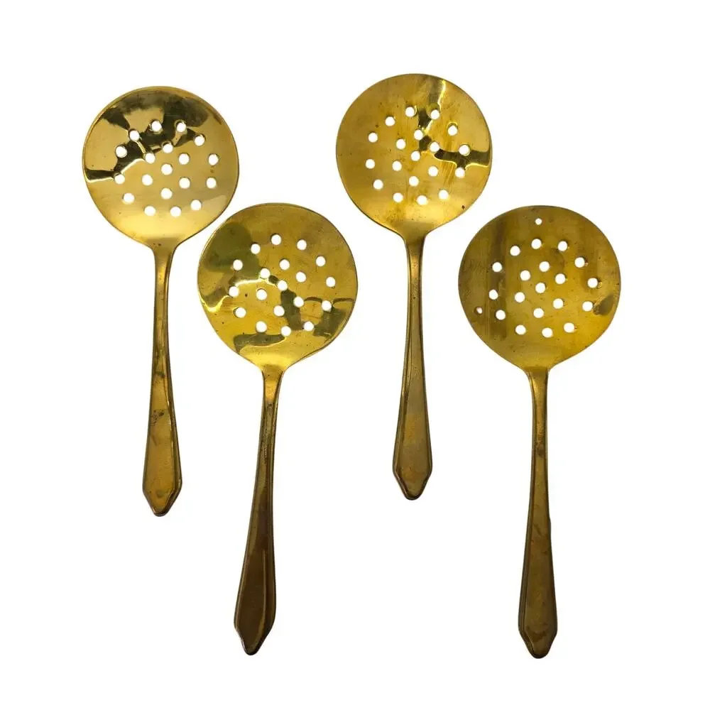 Vintage Brass Slotted Serving Spoons Set of 4 Gold Cocktail Bar Olive Spoon